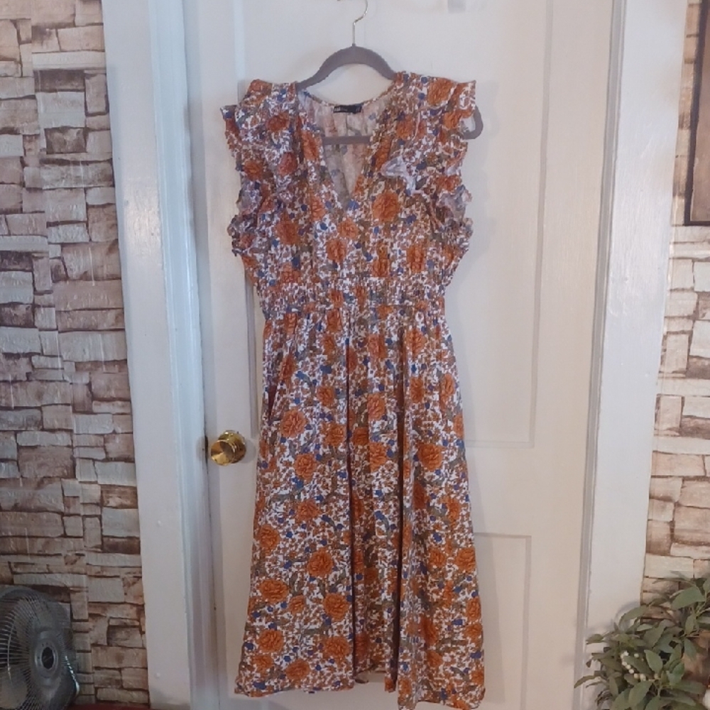 Ina Orange and White Floral Midi Dress Short Sleeve Cotton Dresd